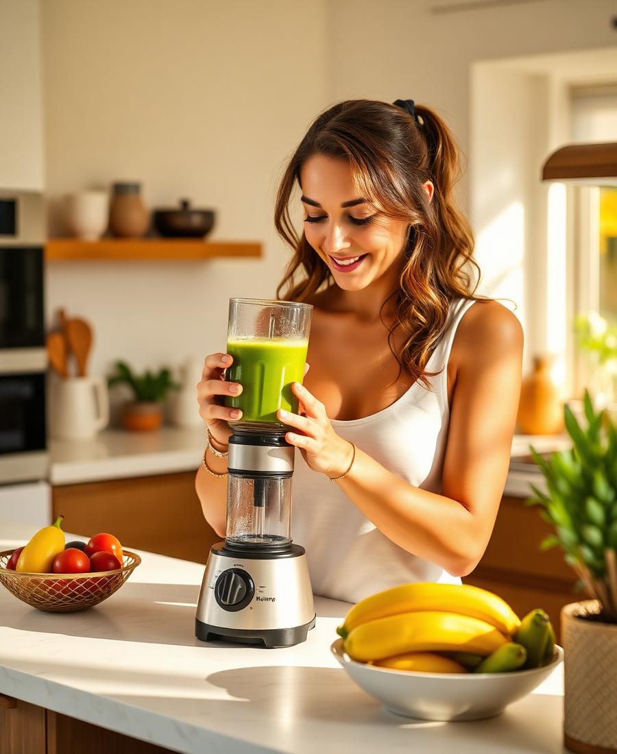 Woman preparing a green smoothie
